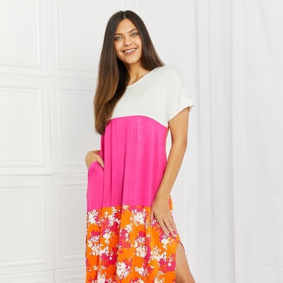 Brand New Celeste Ivory Fuchsia Color Block Maxi T-Shirt Dress Large - Picture 1 of 14